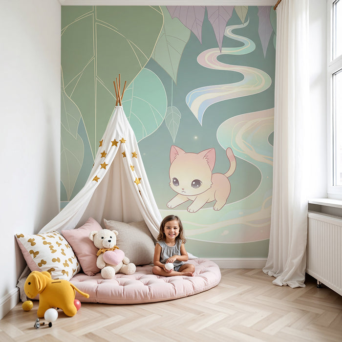 Papier peint chambre enfant | Petit chaton dans un monde féerique de feuilles et de lumière
