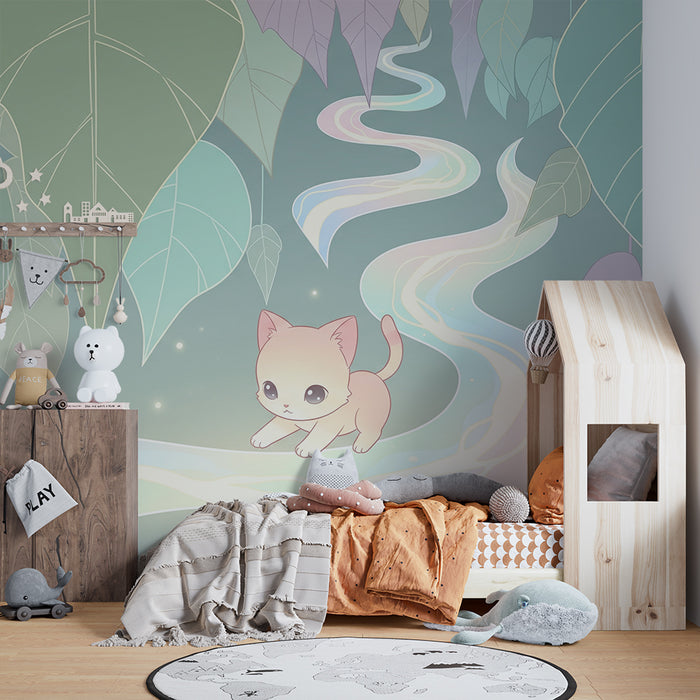 Papier peint chambre enfant | Petit chaton dans un monde féerique de feuilles et de lumière