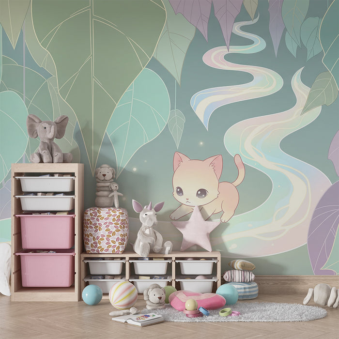 Papier peint chambre enfant | Petit chaton dans un monde féerique de feuilles et de lumière