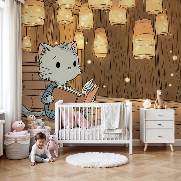 Kinderzimmer Tapete | Kleines Kätzchen in einer magischen Bibliothek mit funkelnden Laternen