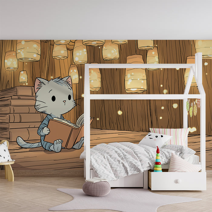 Kinderzimmer Tapete | Kleines Kätzchen in einer magischen Bibliothek mit funkelnden Laternen
