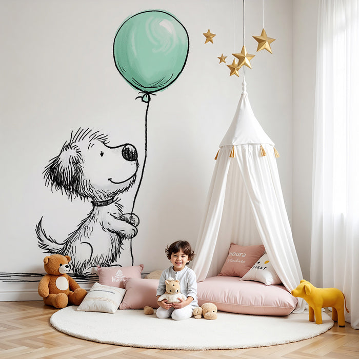 Tapet pentru camera copilului | Cățeluș vesel cu balon verde
