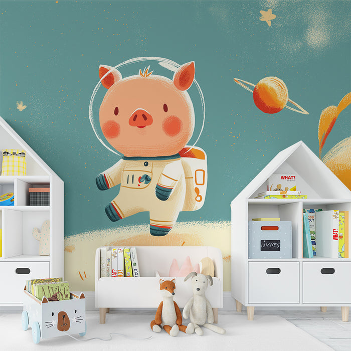Carta da parati bambini | Piccolo maiale astronauta esplora lo spazio
