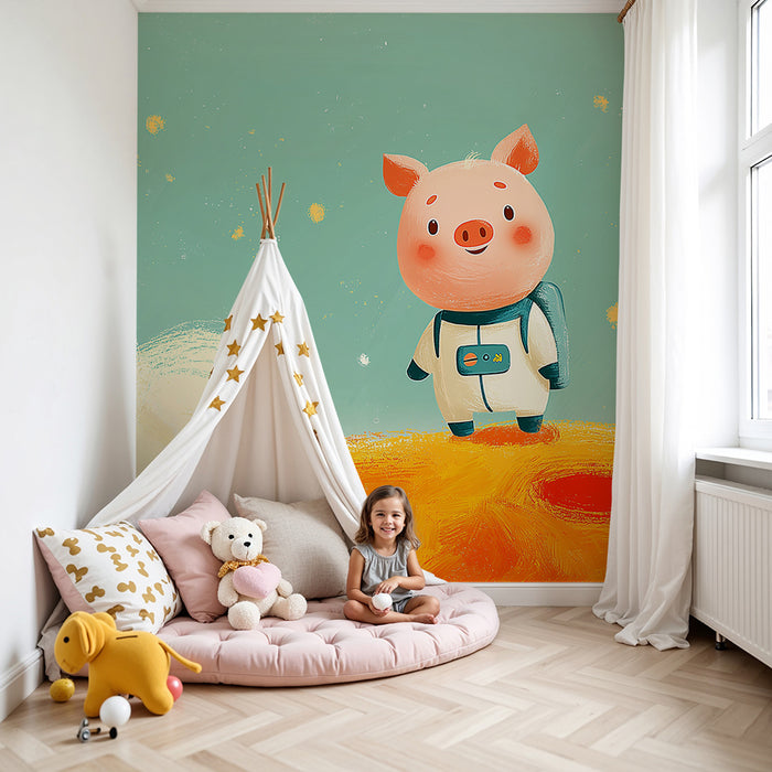 Kids room wallpaper | Little astronaut pig on a colorful planet
