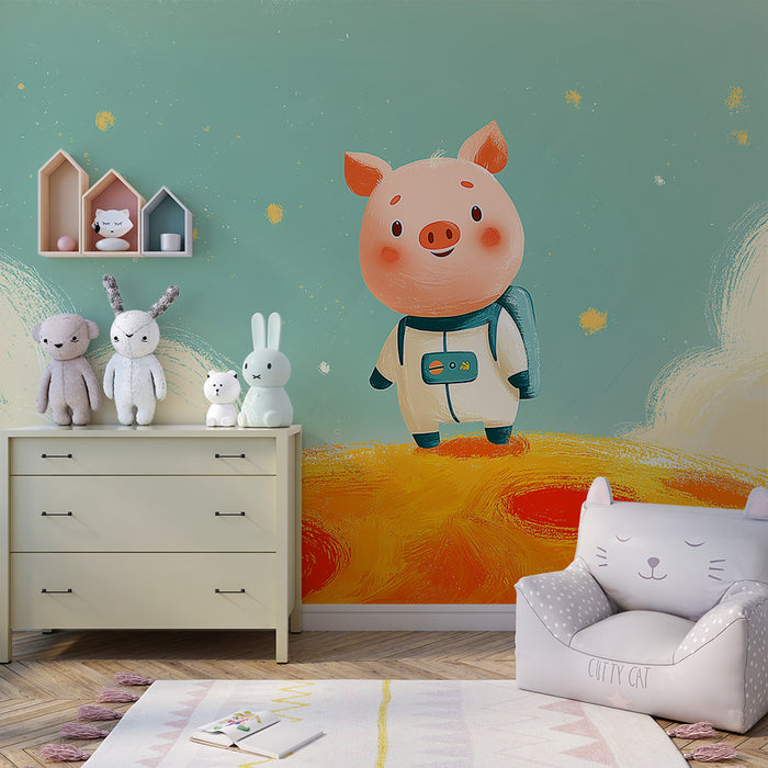 Kids room wallpaper | Little astronaut pig on a colorful planet