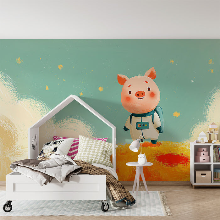 Kids room wallpaper | Little astronaut pig on a colorful planet