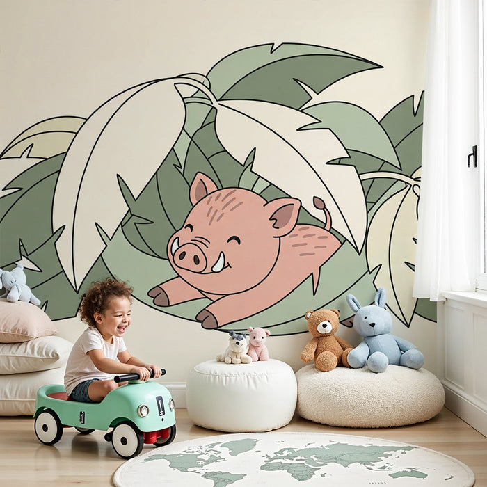 Barntapet | Liten glad gris gömd under tropiska löv