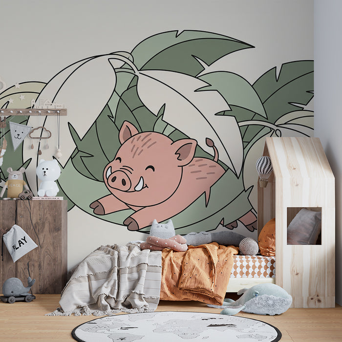 Barntapet | Liten glad gris gömd under tropiska löv