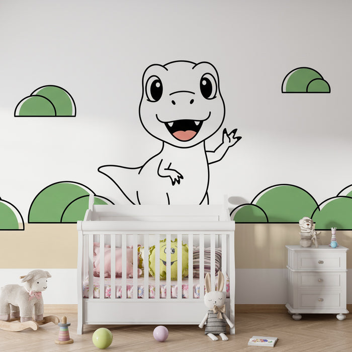 Papel pintado infantil | Pequeño dinosaurio divertido en un paisaje lúdico