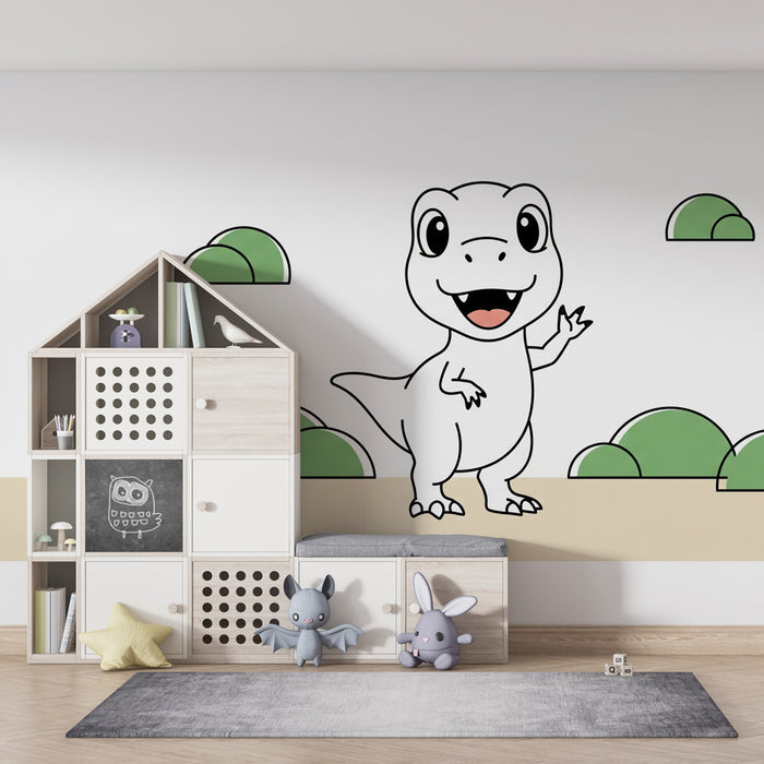 Papel pintado infantil | Pequeño dinosaurio divertido en un paisaje lúdico