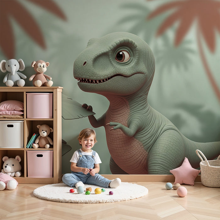 Kids room wallpaper | Väike uudishimulik dinosauruseke troopilises džunglis