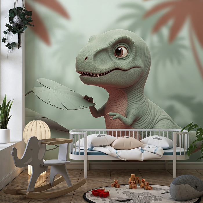 Kids room wallpaper | Väike uudishimulik dinosauruseke troopilises džunglis