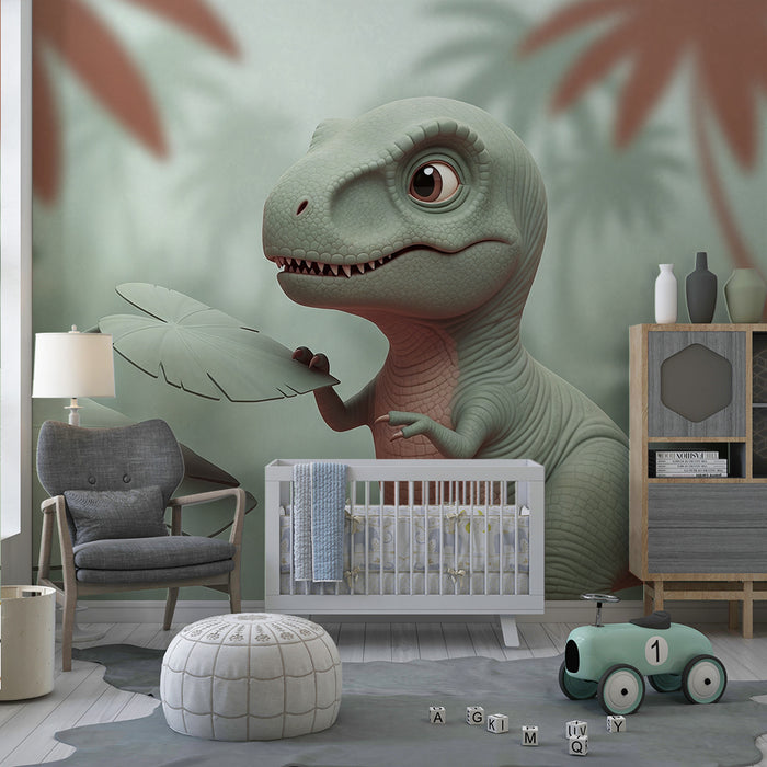 Kids room wallpaper | Väike uudishimulik dinosauruseke troopilises džunglis