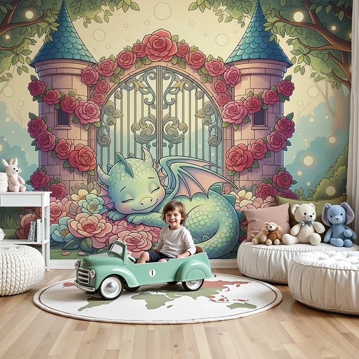 Papier peint chambre enfant | Petit dragon endormi devant un château féerique