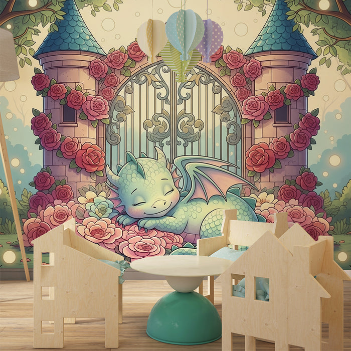 Papier peint chambre enfant | Petit dragon endormi devant un château féerique