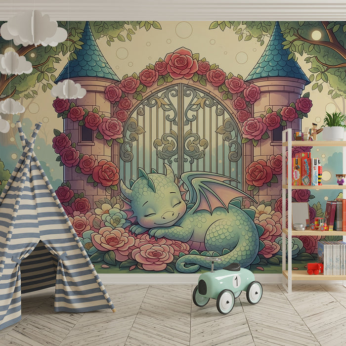 Papier peint chambre enfant | Petit dragon endormi devant un château féerique