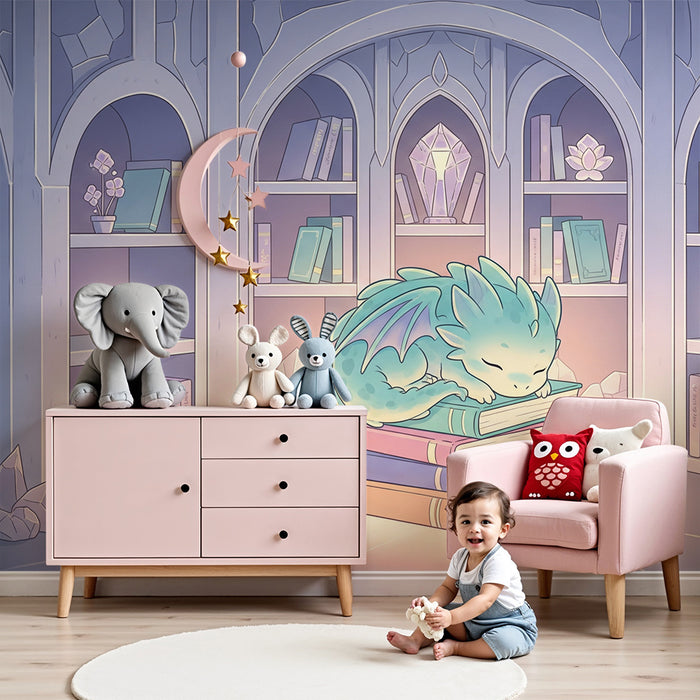 Papel de parede criança | Micul dragon adormit pe cărți într-o bibliotecă fermecată