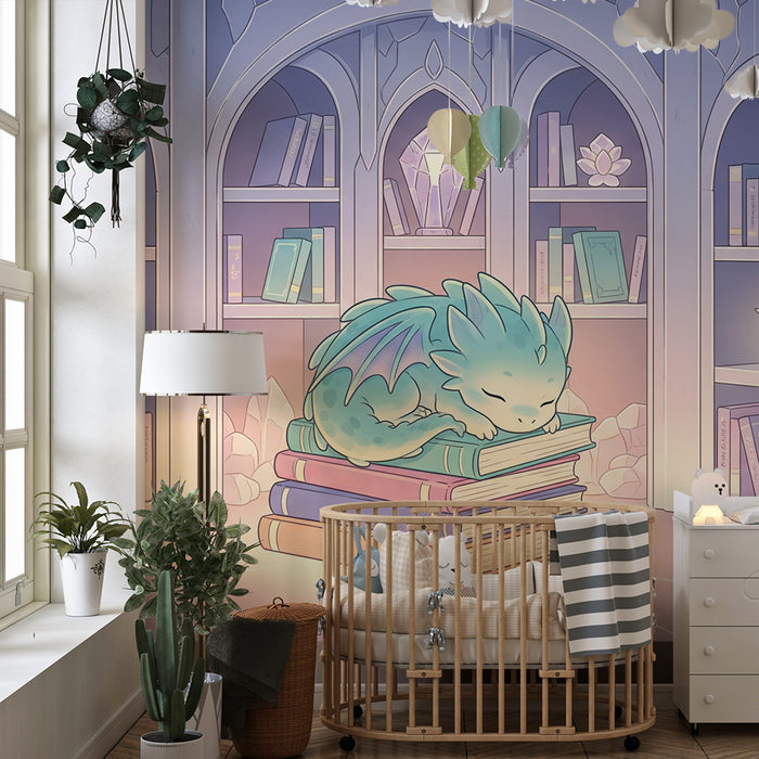 Papel de parede criança | Micul dragon adormit pe cărți într-o bibliotecă fermecată