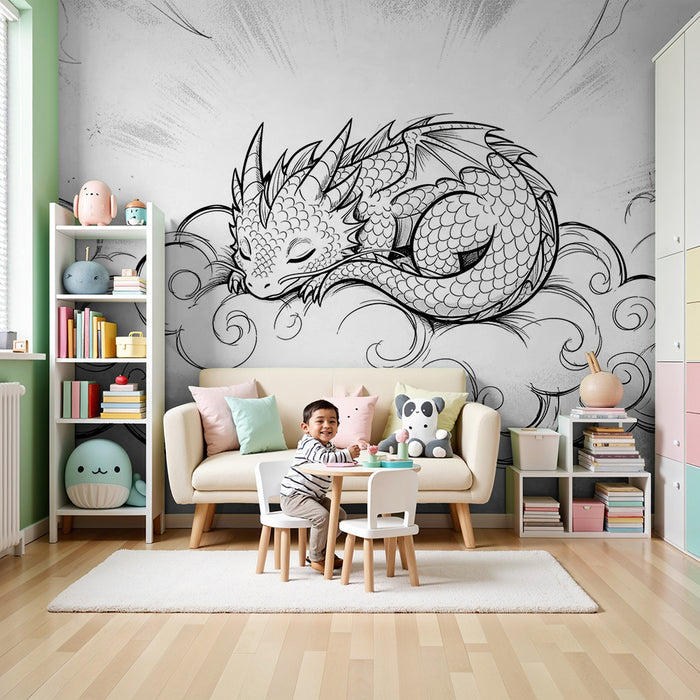 Papier peint chambre enfant | Petit dragon endormi sur un nuage