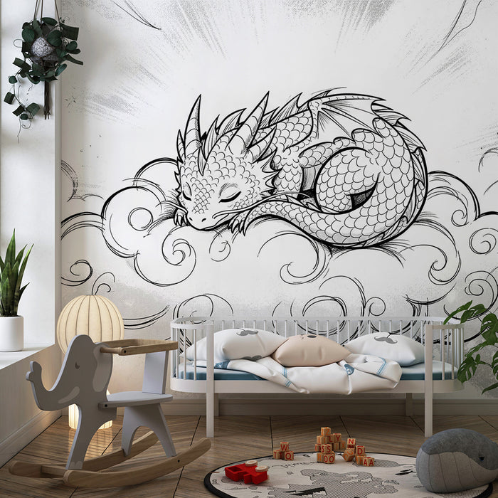 Papier peint chambre enfant | Petit dragon endormi sur un nuage