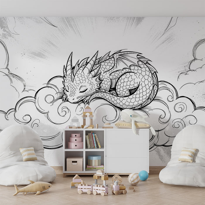 Papier peint chambre enfant | Petit dragon endormi sur un nuage