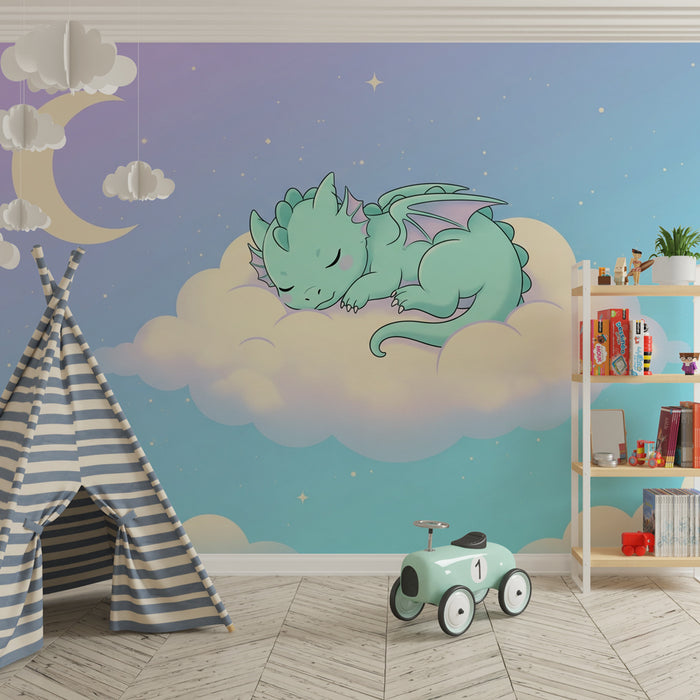 Papier peint chambre enfant | Petit dragon endormi sur un nuage