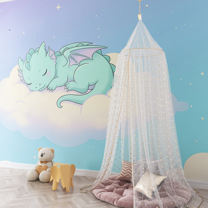 Papier peint chambre enfant | Petit dragon endormi sur un nuage