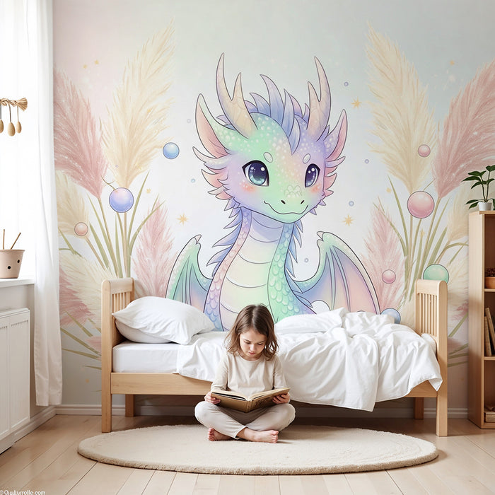 Dječja soba tapeta | Mali pastelni zmaj okružen perjem i šarenim mjehurićima