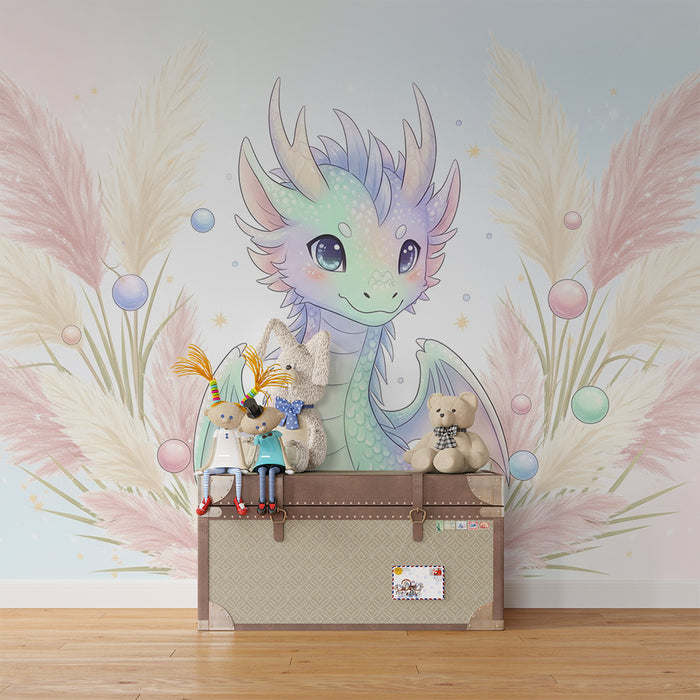 Dječja soba tapeta | Mali pastelni zmaj okružen perjem i šarenim mjehurićima