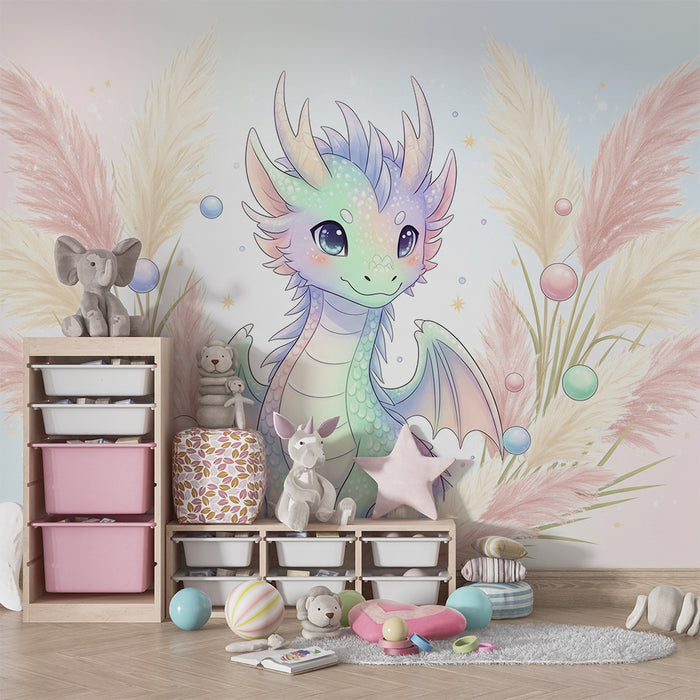 Dječja soba tapeta | Mali pastelni zmaj okružen perjem i šarenim mjehurićima