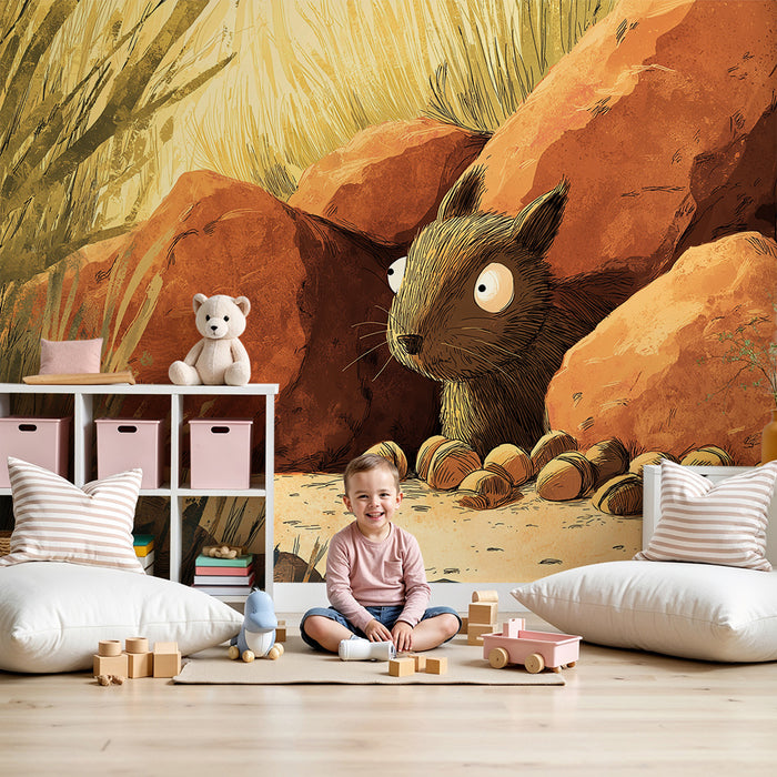 Papier peint chambre enfant | Petit écureuil curieux parmi les pierres et les glands