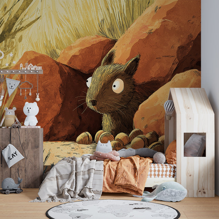 Papier peint chambre enfant | Petit écureuil curieux parmi les pierres et les glands
