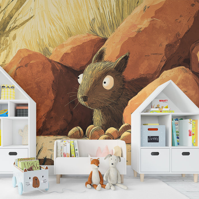 Papier peint chambre enfant | Petit écureuil curieux parmi les pierres et les glands
