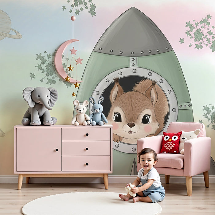Papier peint chambre enfant | Petit écureuil dans sa fusée spatiale