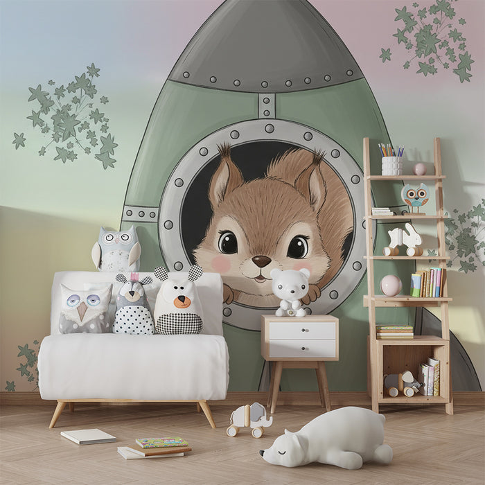 Papier peint chambre enfant | Petit écureuil dans sa fusée spatiale