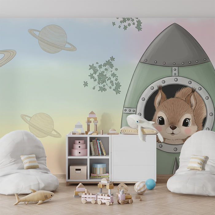 Papier peint chambre enfant | Petit écureuil dans sa fusée spatiale