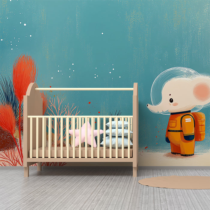 Barns tapet | Liten astronaut-elefant som utforskar en färgrik undervattensvärld