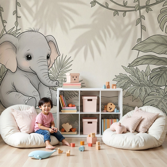 Papier peint chambre enfant | Petit éléphant et jungle apaisante