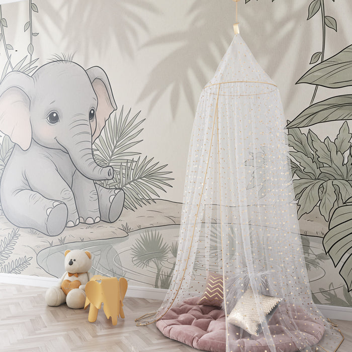 Papier peint chambre enfant | Petit éléphant et jungle apaisante