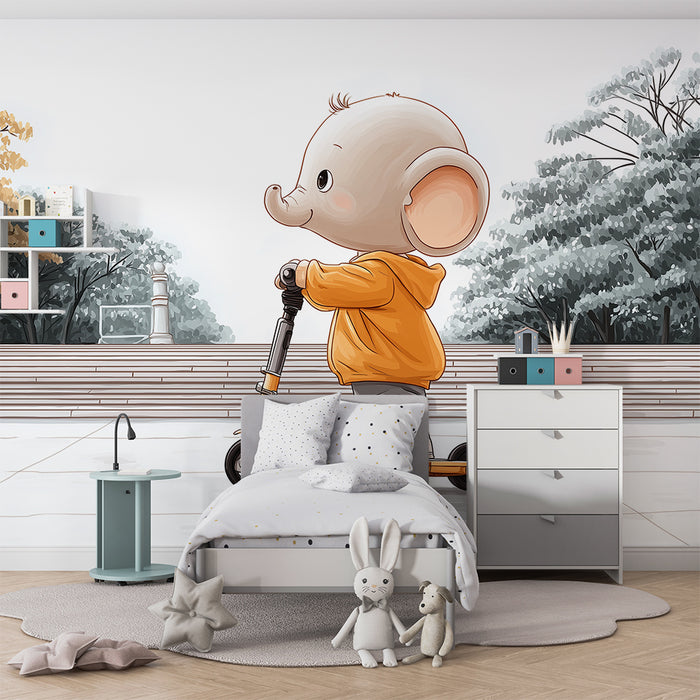 Kinderzimmer Tapete | Kleiner Elefant auf einem Roller im ruhigen Park