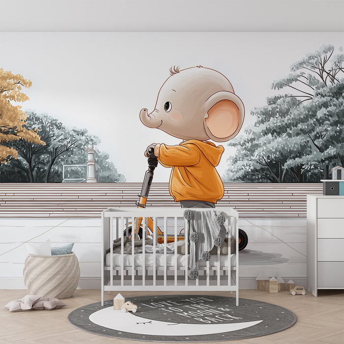 Kinderzimmer Tapete | Kleiner Elefant auf einem Roller im ruhigen Park