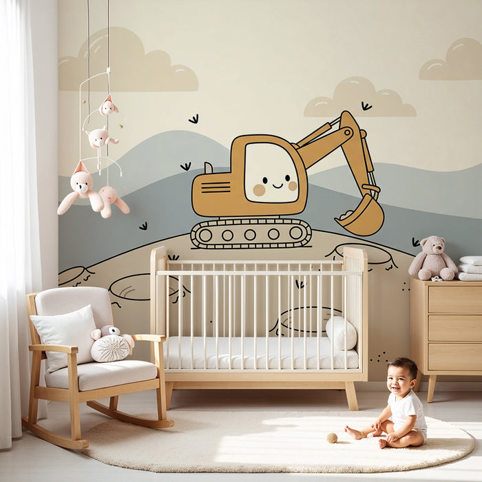 Papier peint chambre enfant | Petit excavateur joyeux sur un terrain de construction