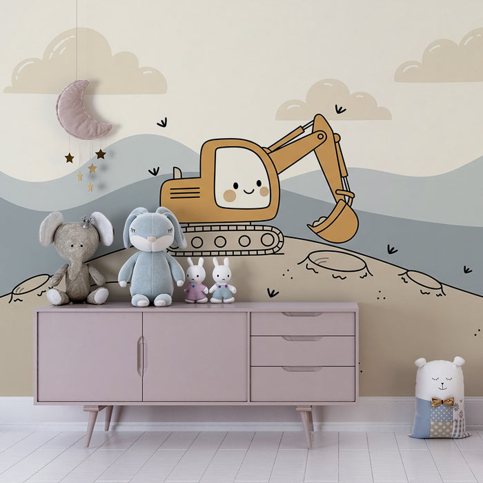 Papier peint chambre enfant | Petit excavateur joyeux sur un terrain de construction
