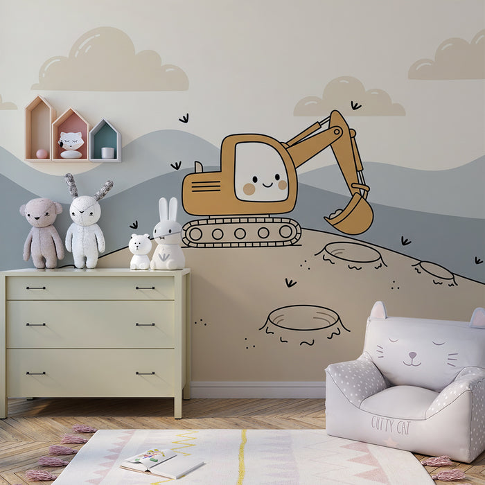 Papier peint chambre enfant | Petit excavateur joyeux sur un terrain de construction
