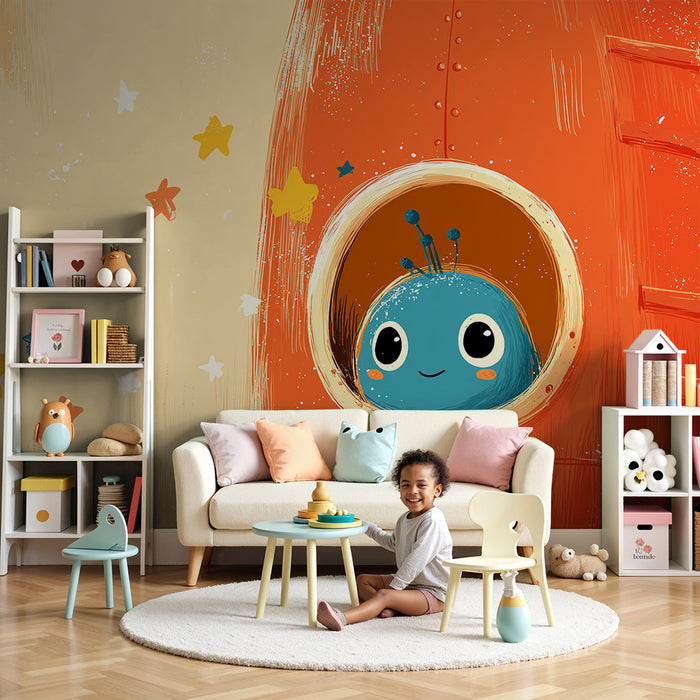 Lastenhuoneen tapetti | Pieni avaruusolento värikkäässä avaruusraketissaan