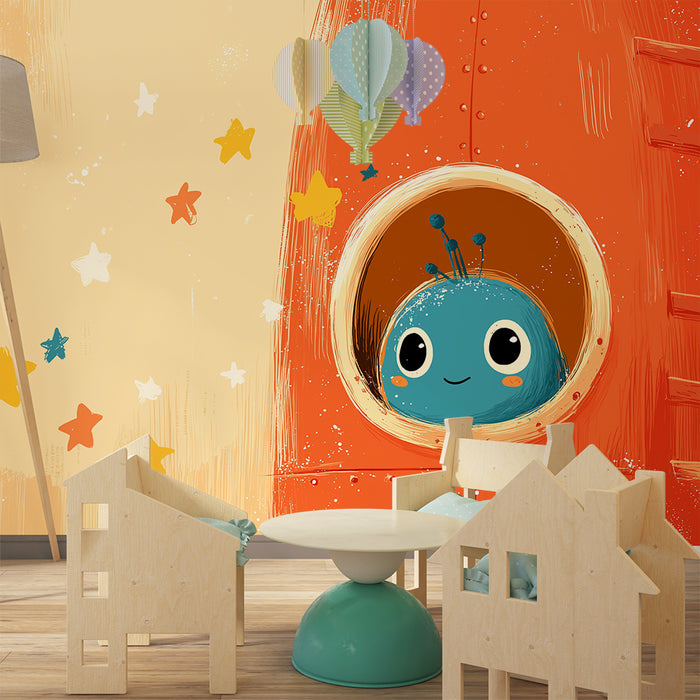 Lastenhuoneen tapetti | Pieni avaruusolento värikkäässä avaruusraketissaan