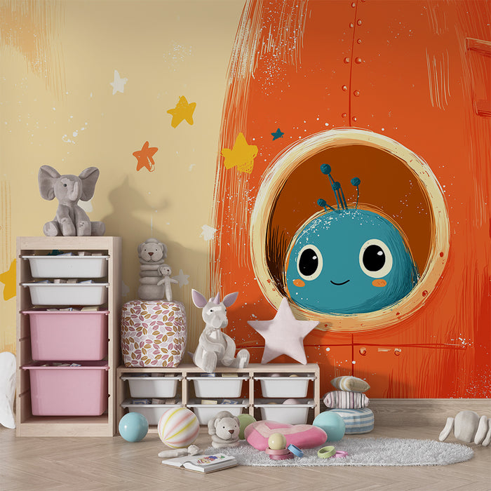 Lastenhuoneen tapetti | Pieni avaruusolento värikkäässä avaruusraketissaan