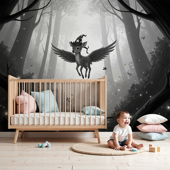 Papier peint chambre enfant | Petit faon ailé dans une forêt enchantée