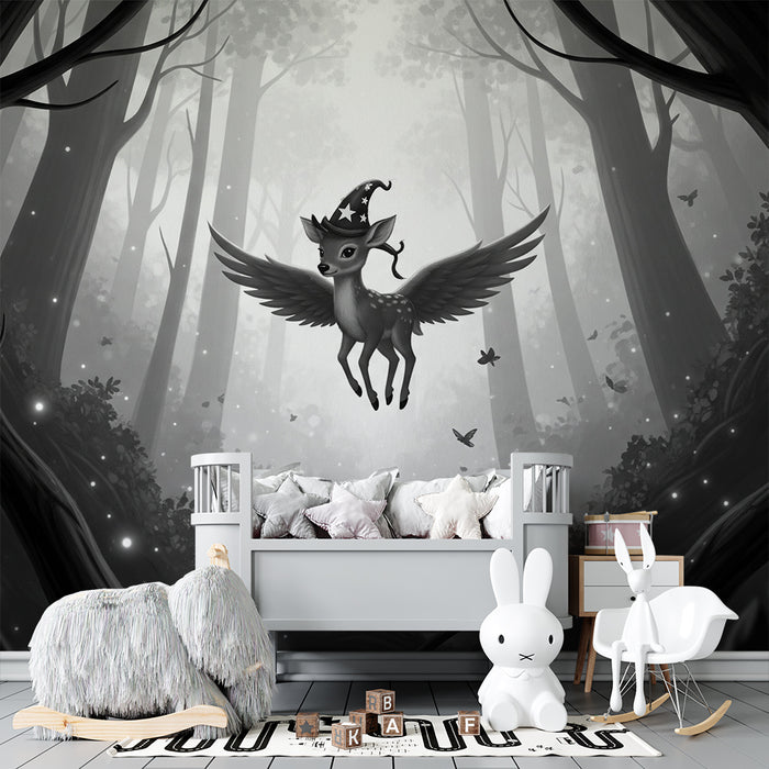 Papier peint chambre enfant | Petit faon ailé dans une forêt enchantée