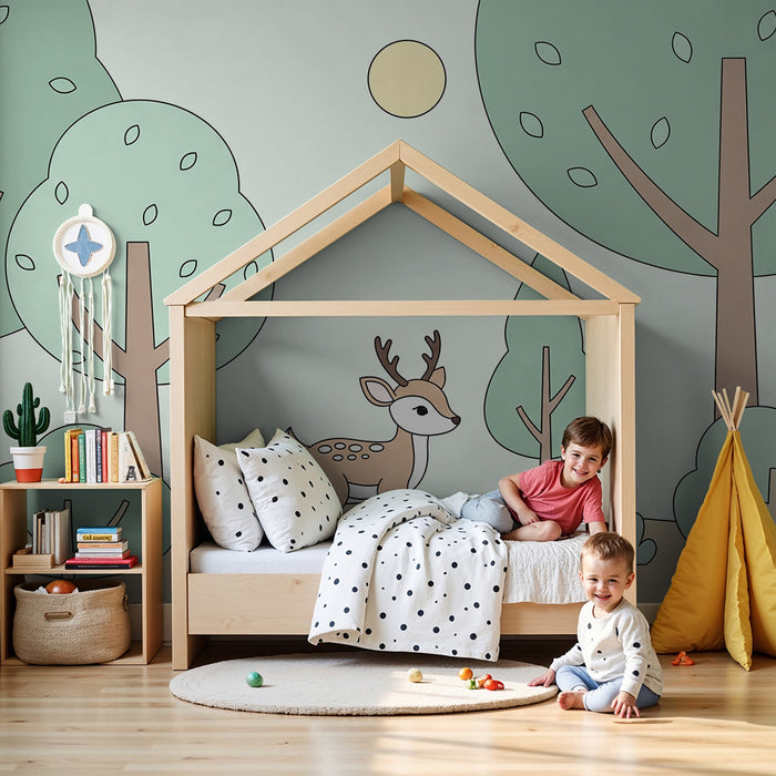 Kinderzimmer Tapete | Kleines Rehkitz in einem sanften und bunten Wald